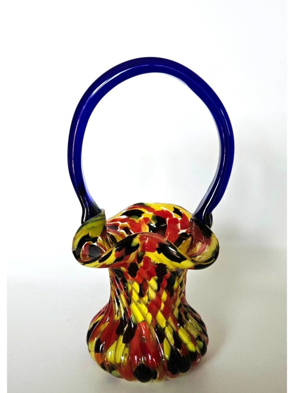 Welz Basket Multicolored Red Yellow Cobalt, Splatter Glass Czech Glass 1915  7.5